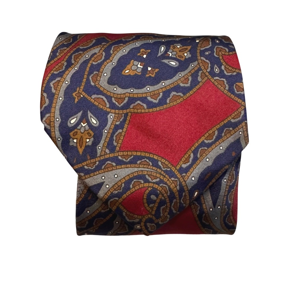 Isaco Mens Vintage Silk Tie Paisley Geometric Burgundy Red Navy Blue Italy